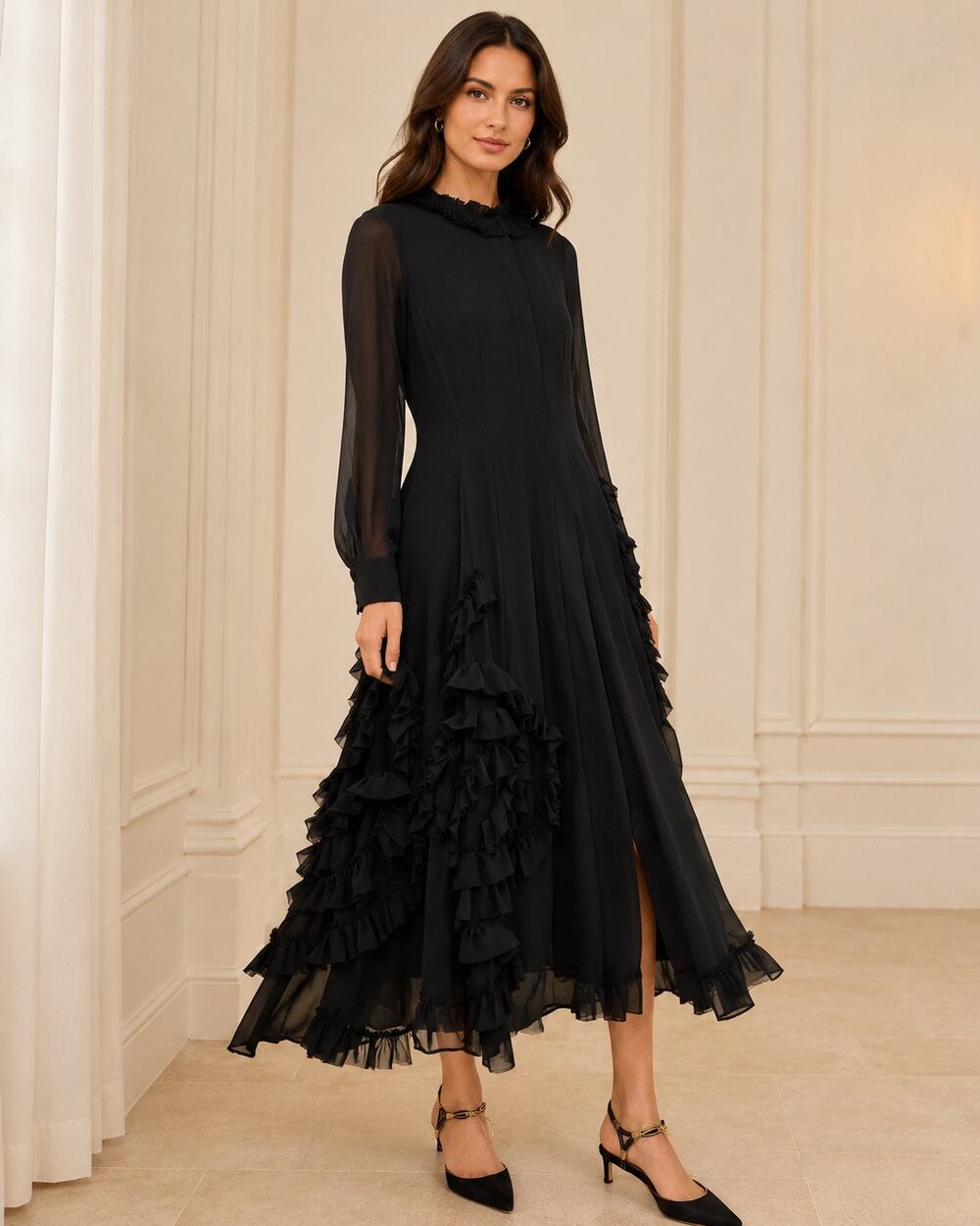 Ulla Johnson Rhea Black Silk Ruffle Midi Shirt Dress 2 NWT $1100